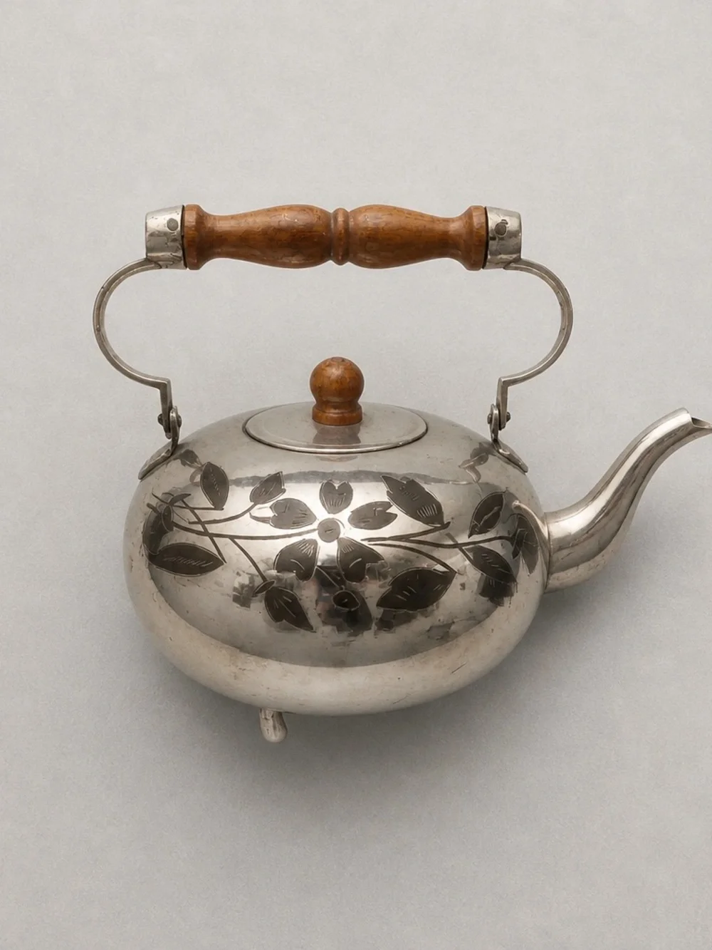 Vintage Silver-Tone Floral Teapot with Wood Handle